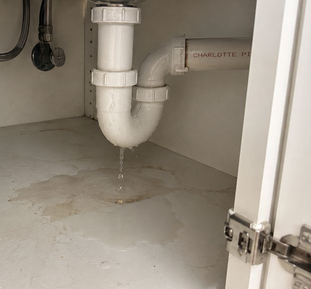 Photo from the customer: water dripping from the trap under a kitchen sink, pooling on the cabinet floor